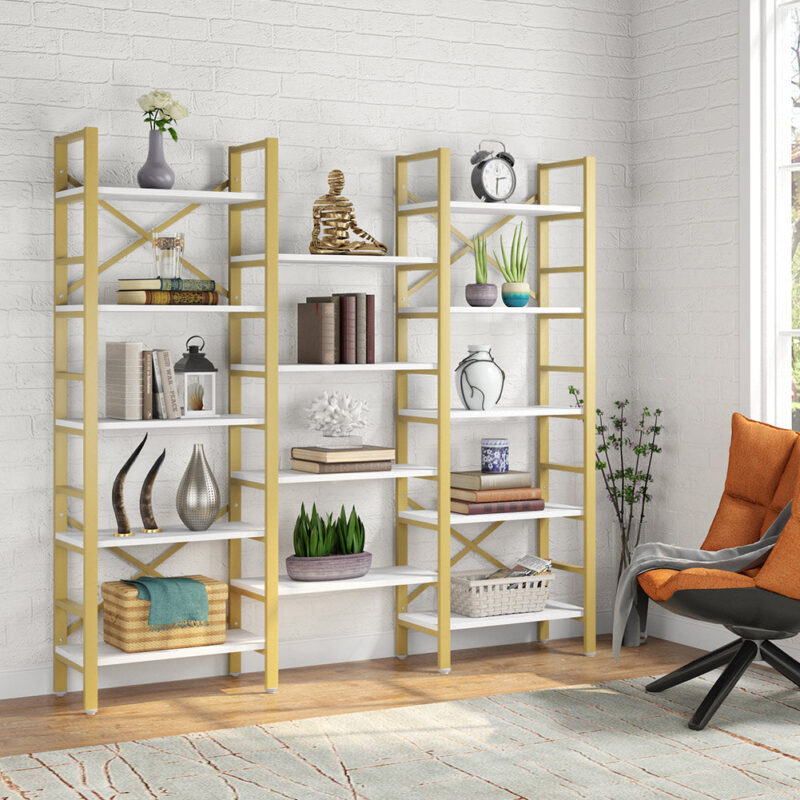 Bookshelf,  Industrial Triple Wide 14 Shelves Etagere Bookcase - Image 10