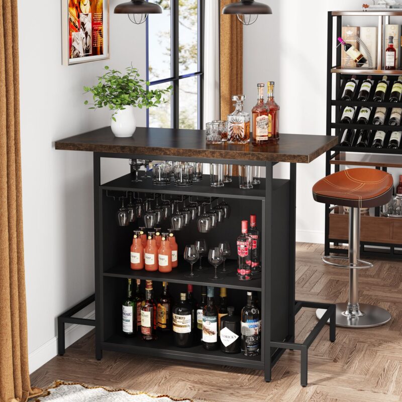 Home Bar Unit, Industrial 3-Tier Liquor Bar Table with Glasses Holder - Image 4