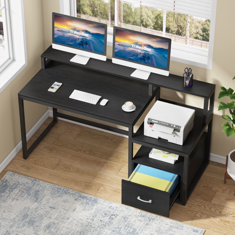 Computer Desk, 60" Desk with File Drawer and Shelves - Image 3