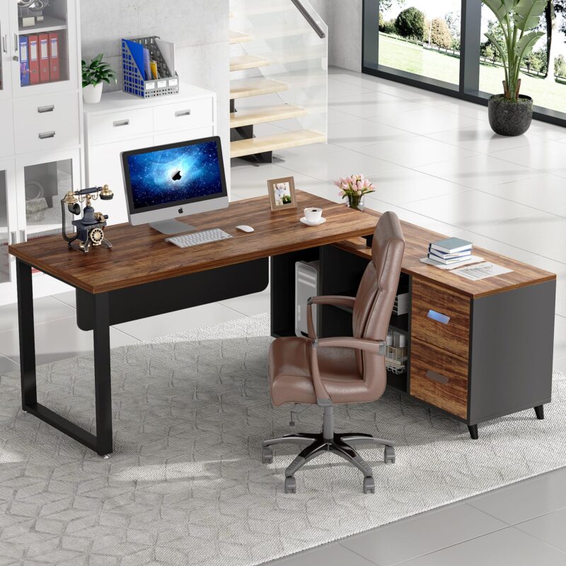 55 Inch L-Shaped Computer Executive Desk with 47 inch File Cabinet - Image 3