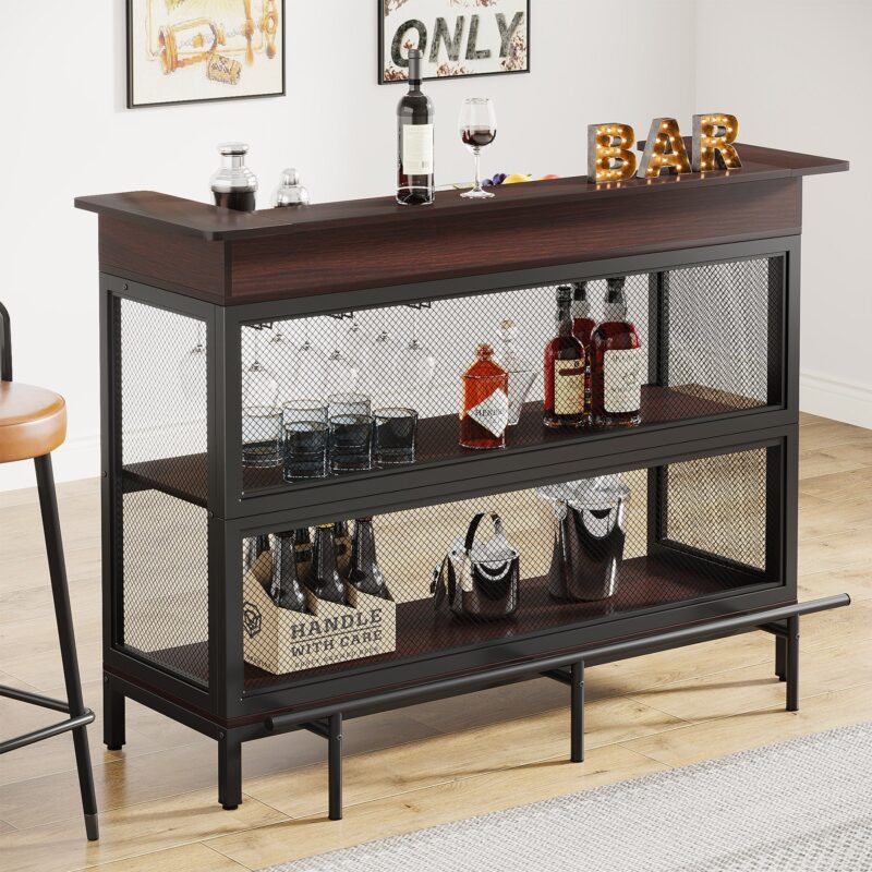 Home Bar Unit, Industrial 3 Tier Liquor Bar Table with Stemware Rack - Image 3