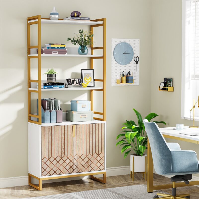 Bookshelf, 70.8" Etagere Bookcase with Open Shelves & Cabinet - Image 3