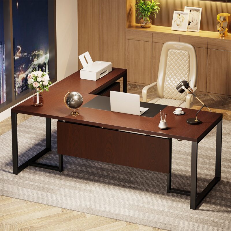 L-Shaped Desk, 70.8’’ Executive Desk with Mobile File Cabinet - Image 4