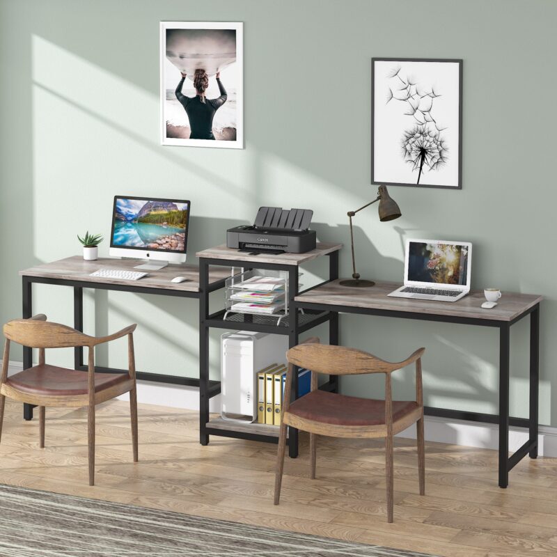 Two Person Desk, 96.9" Double Computer Desk with Storage Shelves - Image 12