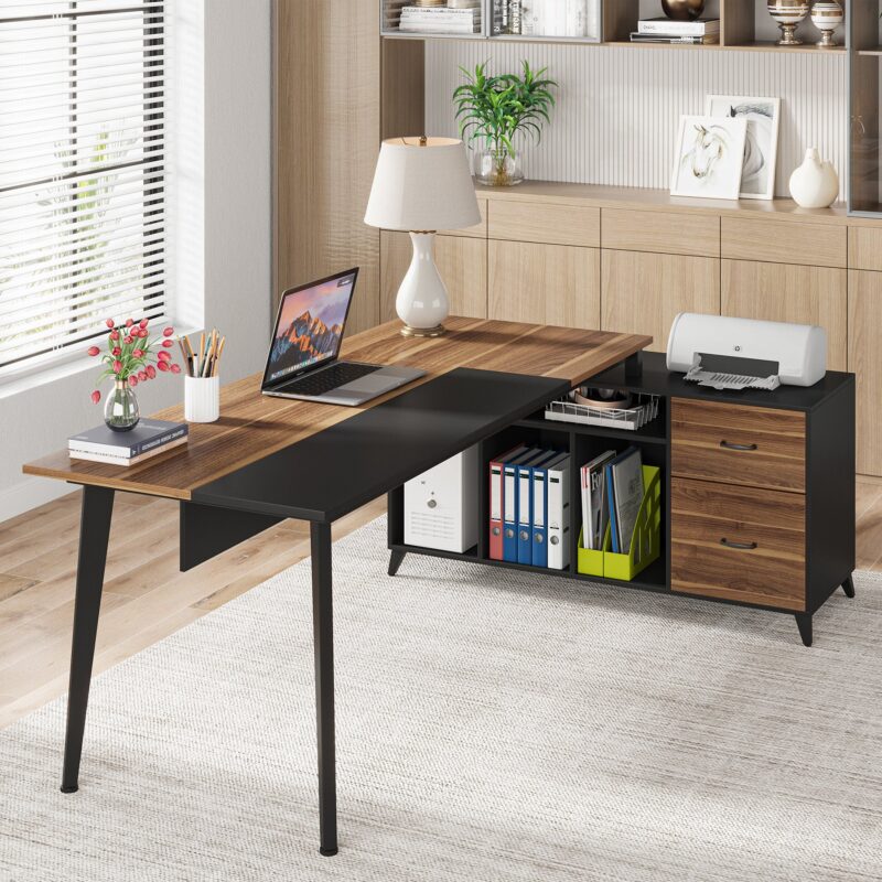 L-Shaped Desk, 70.9’’ Office Executive Desk with File Cabinet - Image 3