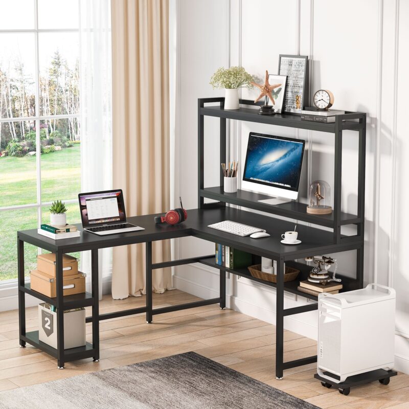 L-Shaped Desk, 59" Reversible Corner Desk with Storage Shelves - Image 12