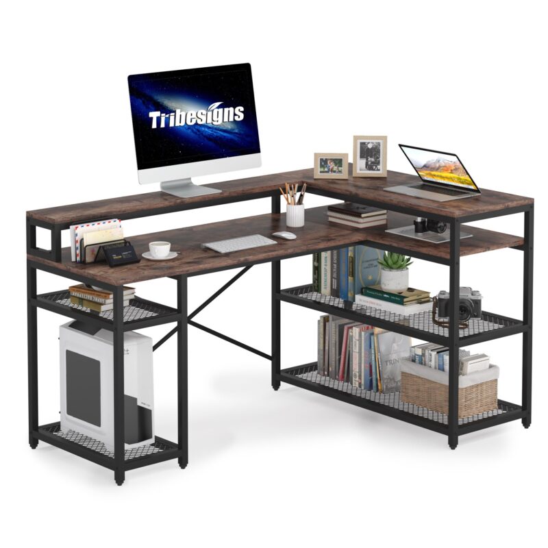 L-Shaped Desk, 59" Corner Computer Desk with Storage Shelf