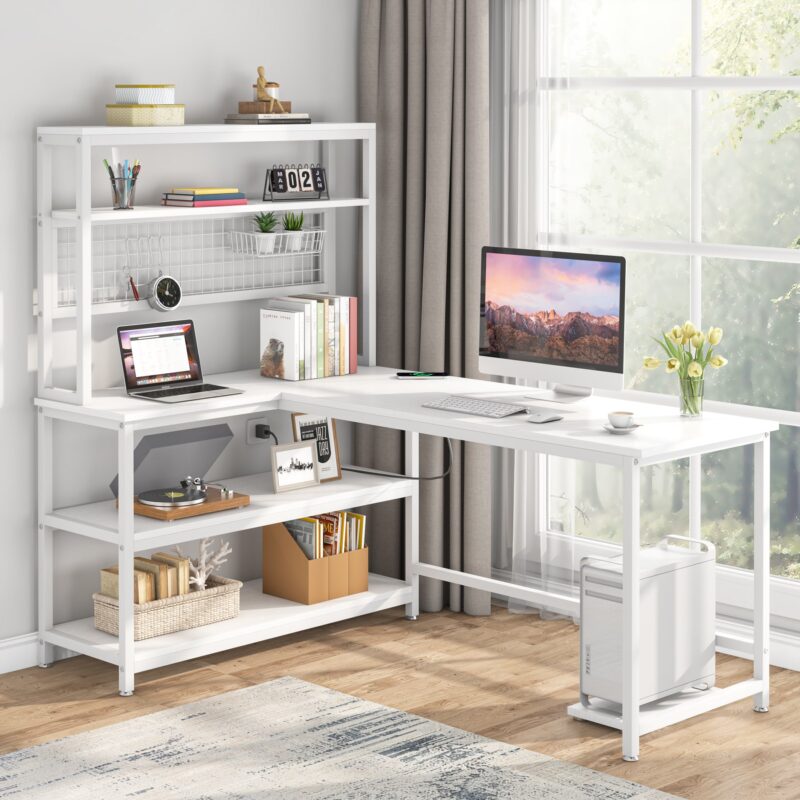 55" Reversible L-Shaped Desk with Wireless Charging & Shelves - Image 7