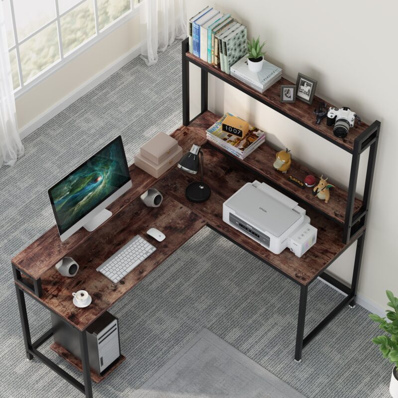 L-Shaped Desk, Corner Computer Desk with Hutch and Monitor Stand - Image 4