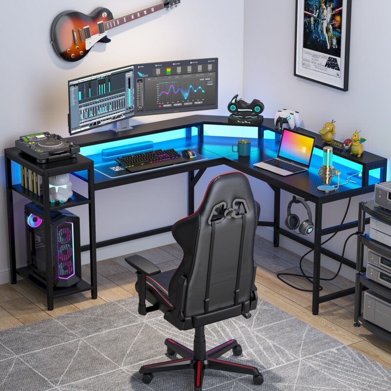 Gaming Desk, L-Shaped Computer Desk with Power Outlets & LED Strips - Image 3