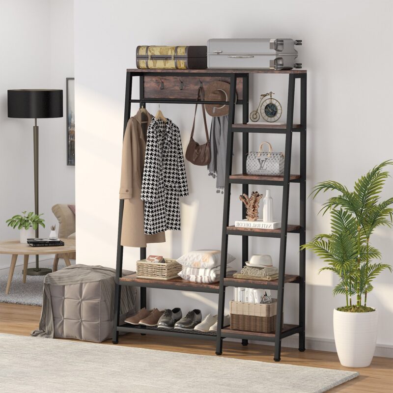 Freestanding Closet Organizer, 5-Tier Shelves Coat Garment Rack - Image 2