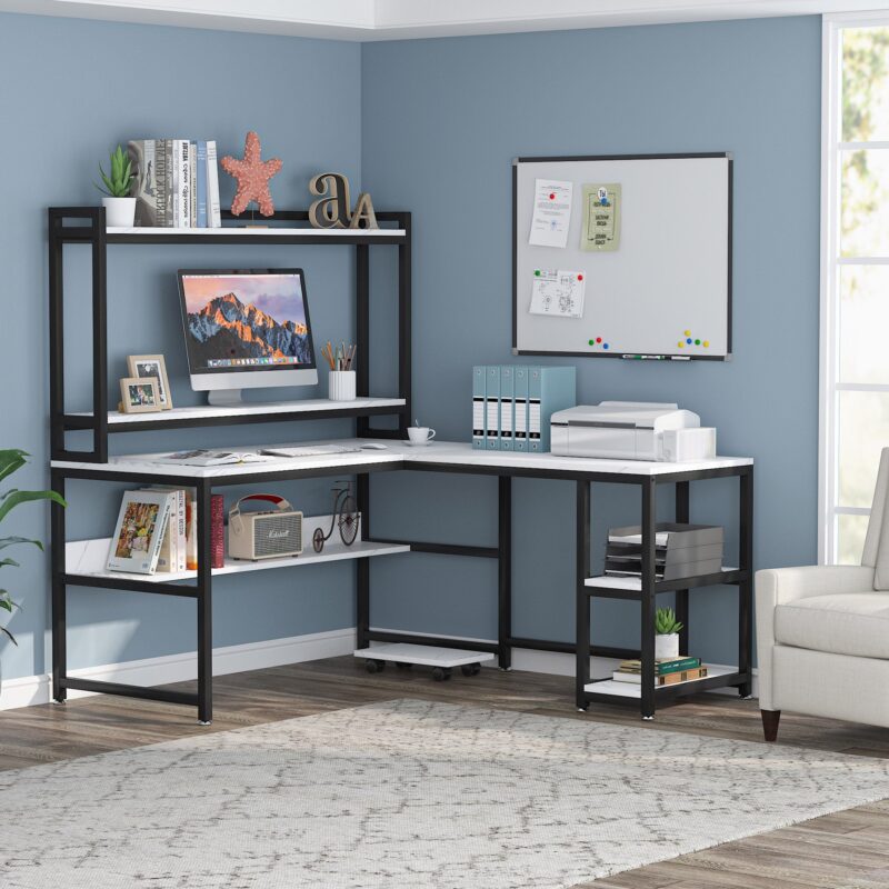 L-Shaped Desk, 59" Corner Computer Desk with Hutch and Shelves - Image 9