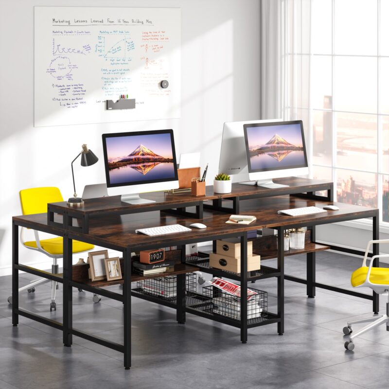 Two Person Desk, 78.7" Double Computer Desk with Monitor Riser & Shelves - Image 4