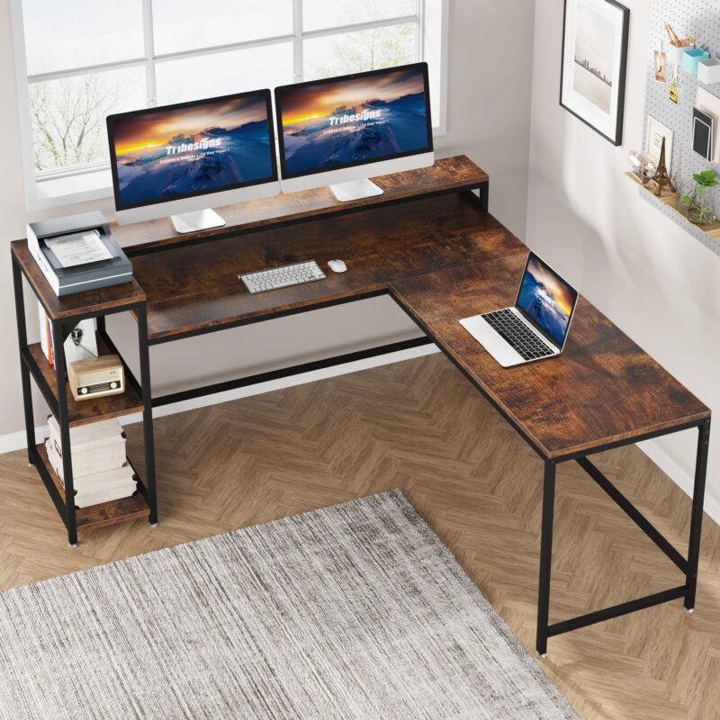 L-Shaped Desk, Corner Computer Desk with Monitor Stand & Shelves - Image 3