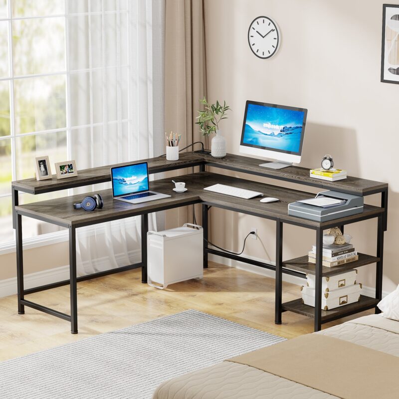 L-Shaped Desk, Corner Desk with Power Outlets & Monitor Shelves - Image 7