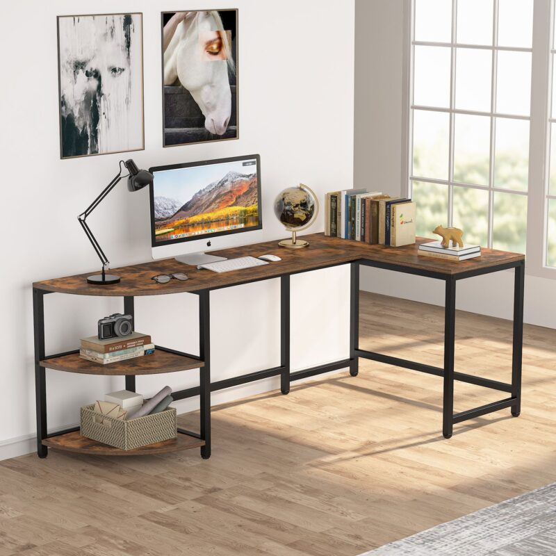 L-Shaped Desk, 75 inch Corner Computer Desk with Reversible Shelves - Image 3