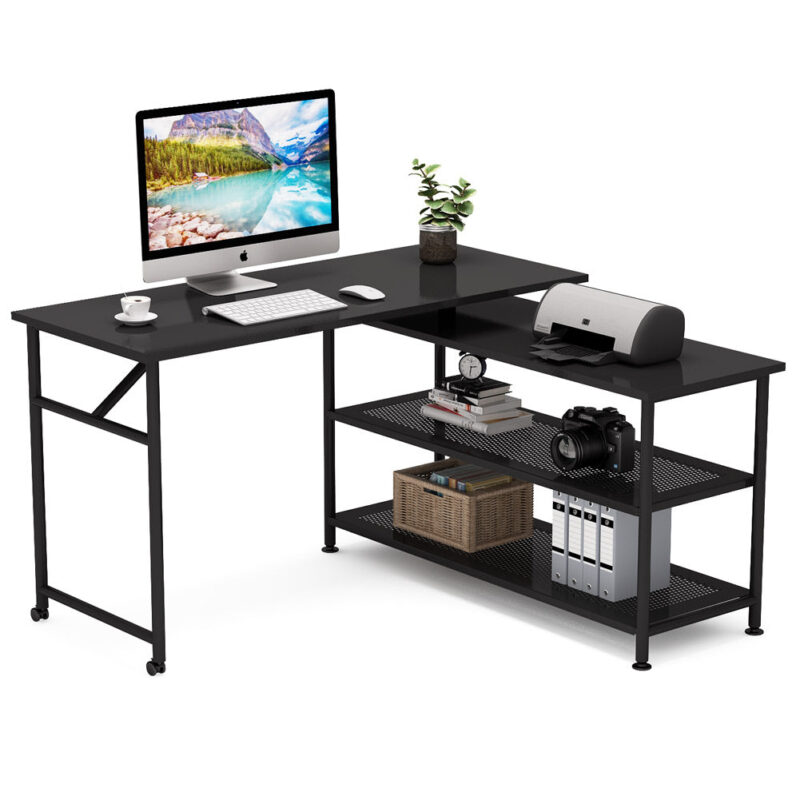 Rotating Desk, Modern L-Shaped Desk with Storage Shelves - Image 9