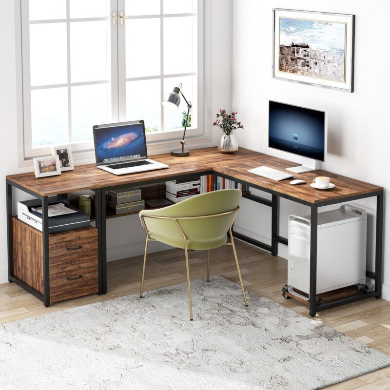 L-Shaped Desk, 70" Computer Desk with Bookcase and Cabinet - Image 3