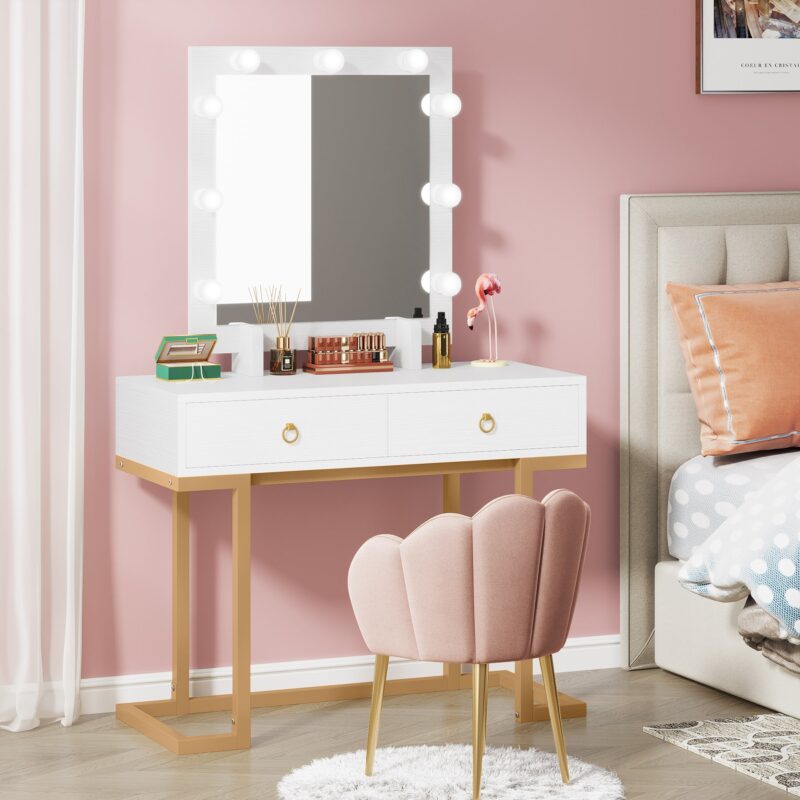 Vanity, Modern Makeup Table with 2 Storage Drawers & Lighted Mirror - Image 3