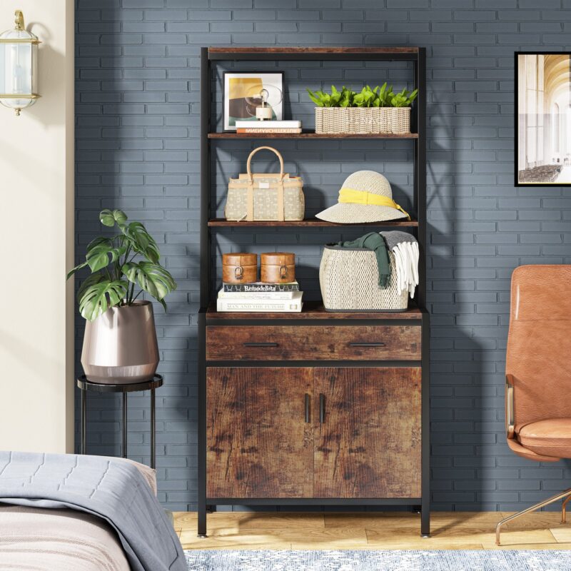 Bookshelf, 4-Tier Etagere Bookcase with Drawer & Cabinet - Image 3