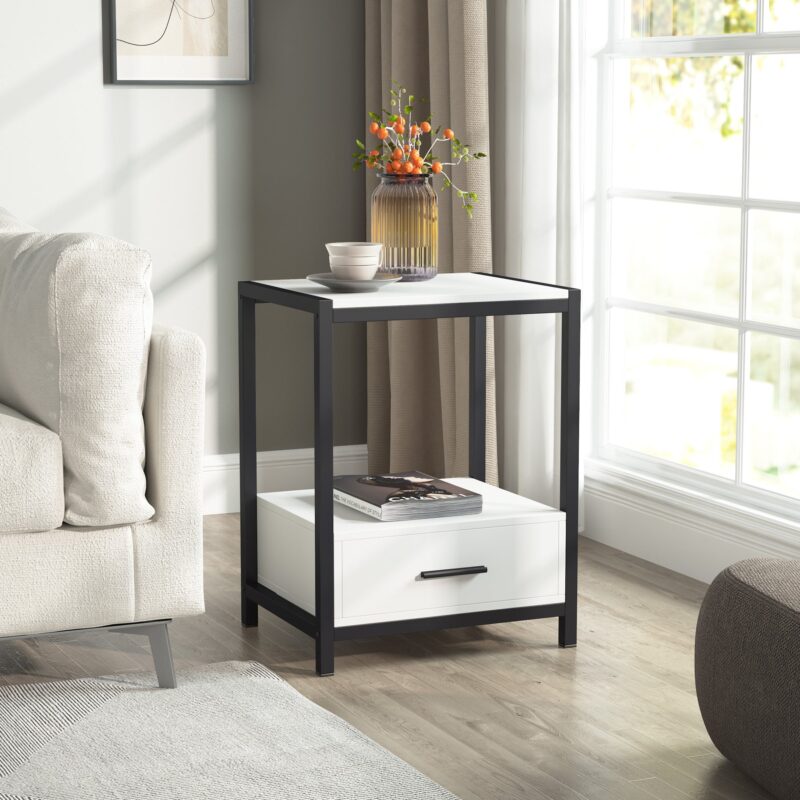 Nightstands, End Side Table with Drawer & Storage Shelf - Image 9