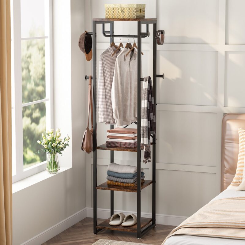 Coat Rack, Freestanding Corner Hall Tree with 4 Shelves 8 Hooks - Image 4