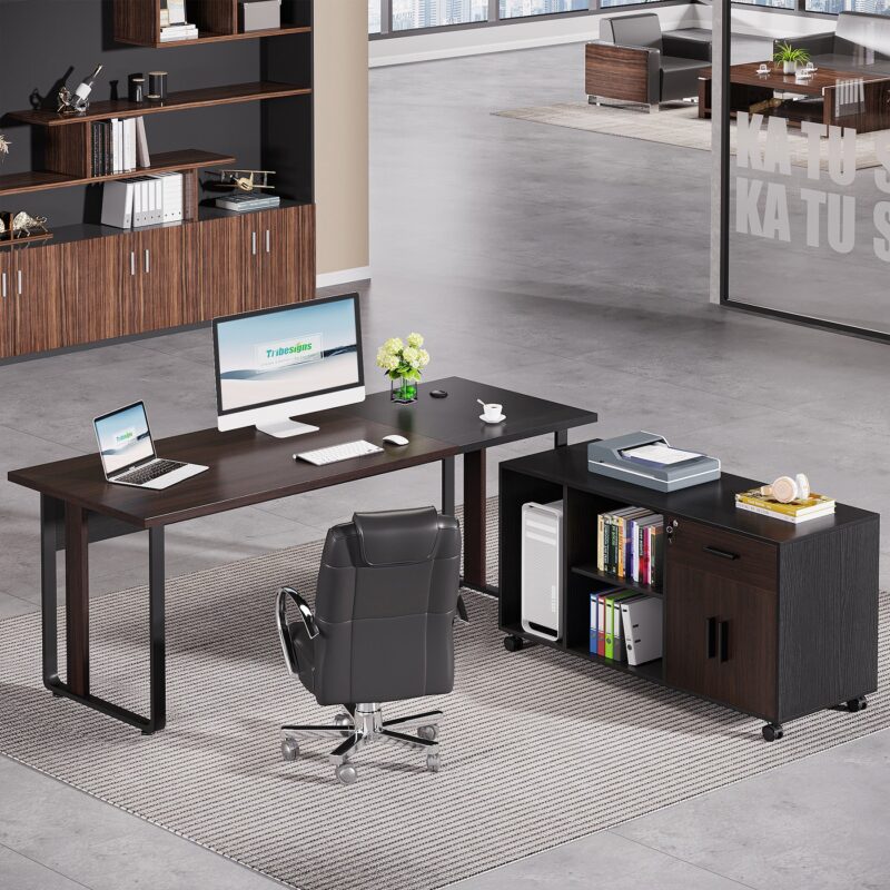 70.8" Executive Desk with 47" Mobile File Cabinet, L Shaped Computer Desk - Image 3