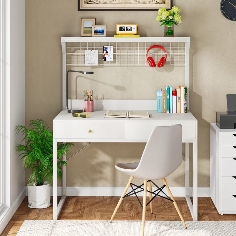 Computer Desk, Modern Study Table With 2 Drawers & Mesh Shelf - Image 4