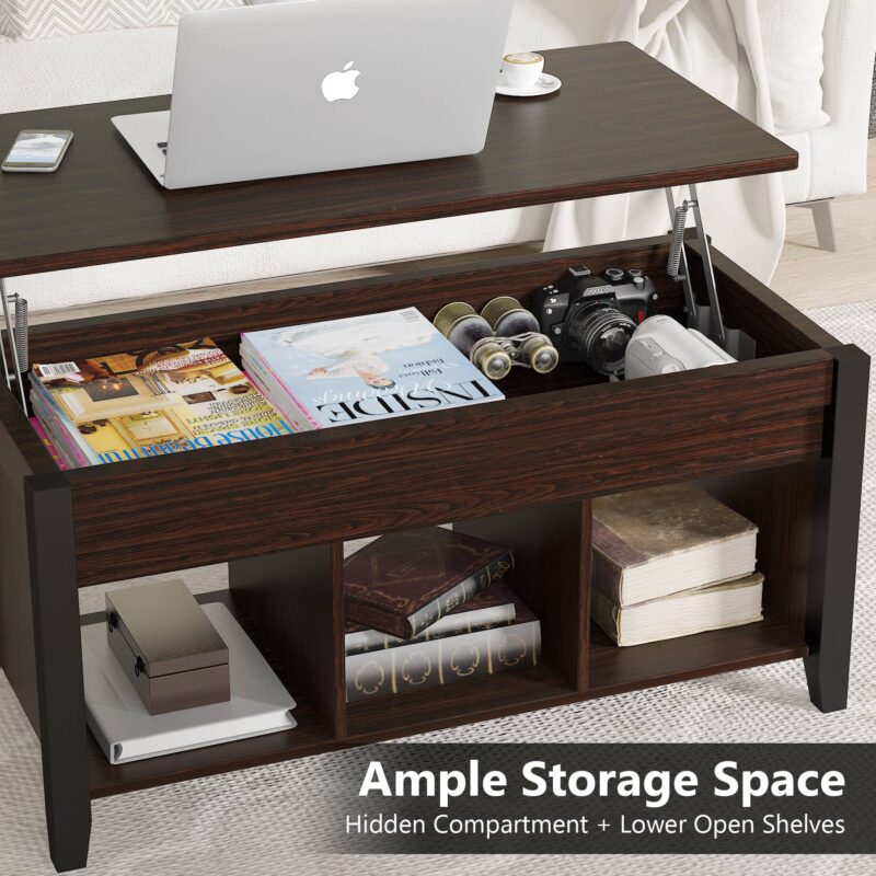 Coffee Table, Lift Top Center Table with Storage Shelves - Image 4