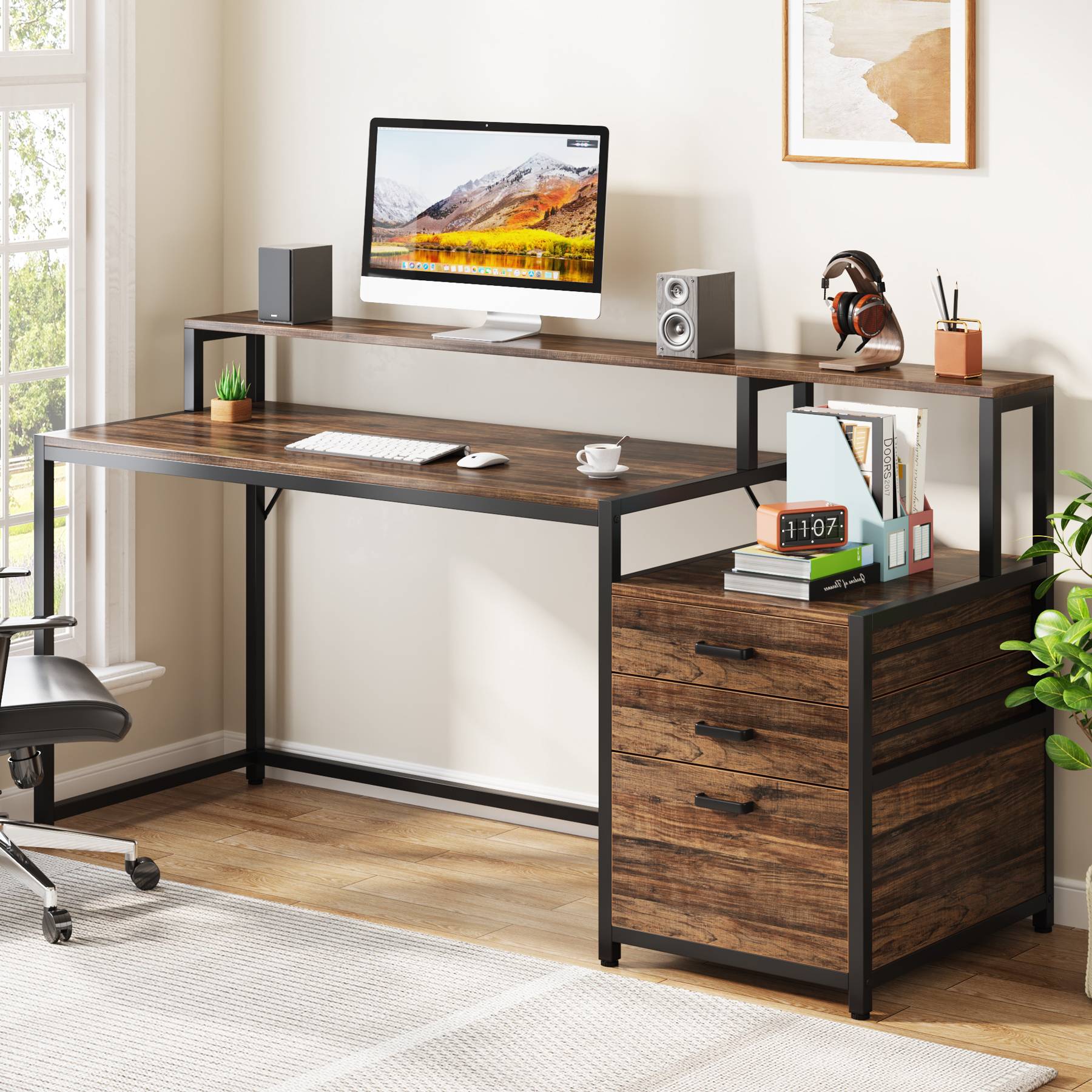 Computer Desk, 63″ Home Office Desk with Drawers & Monitor Stand ...