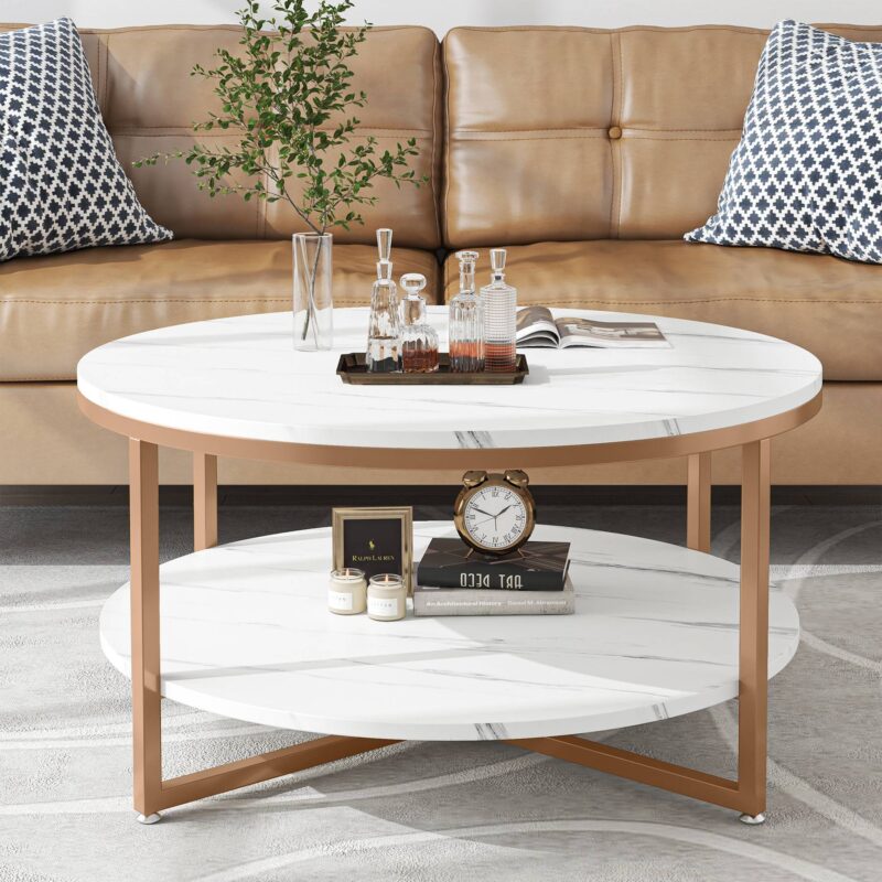 Coffee Table, 2-tier Round Tea Table with Faux Marble Tabletop - Image 3