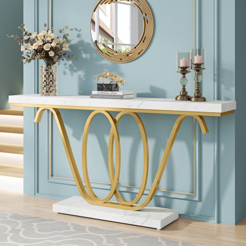 Console Table, 55 Inch Entryway Table Faux Marble Sofa Table - Image 4