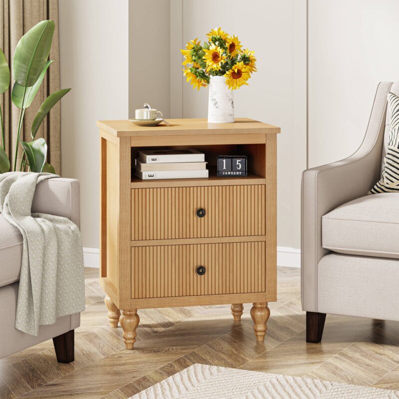 Nightstand, 2 Drawers Sofa Side Table with Open Storage Space - Image 4