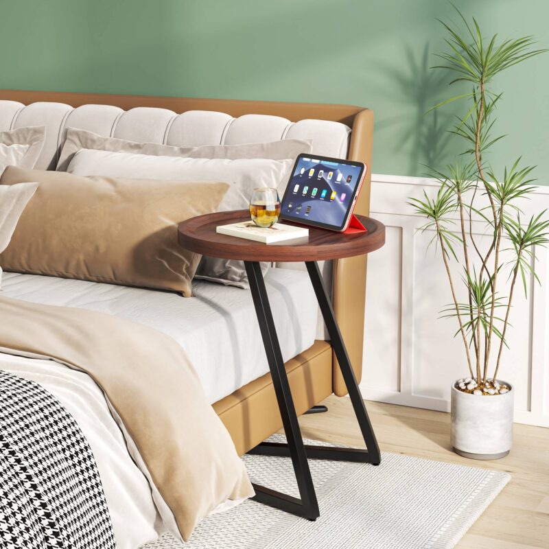 End Table, Round Side Snack Table with L-Shaped Metal Leg - Image 4