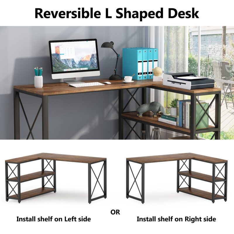 L-Shaped Desk, Reversible Corner Computer Desk with Shelves - Image 6