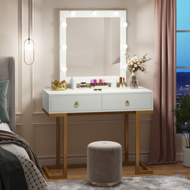 Vanity, Modern Makeup Table with 2 Storage Drawers & Lighted Mirror - Image 4