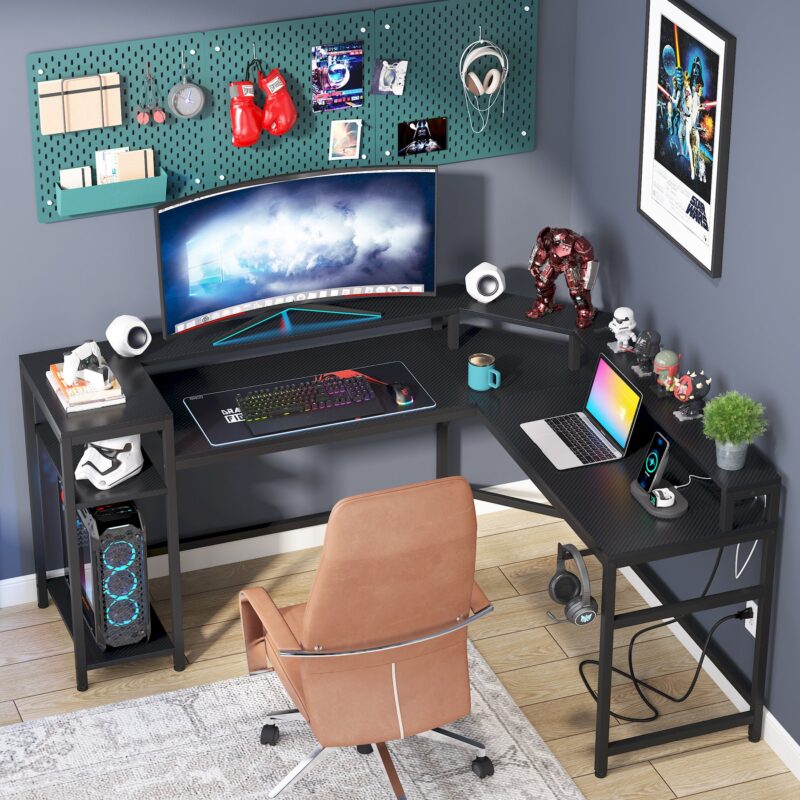 Gaming Desk, L-Shaped Computer Desk with Power Outlets & LED Strips - Image 4