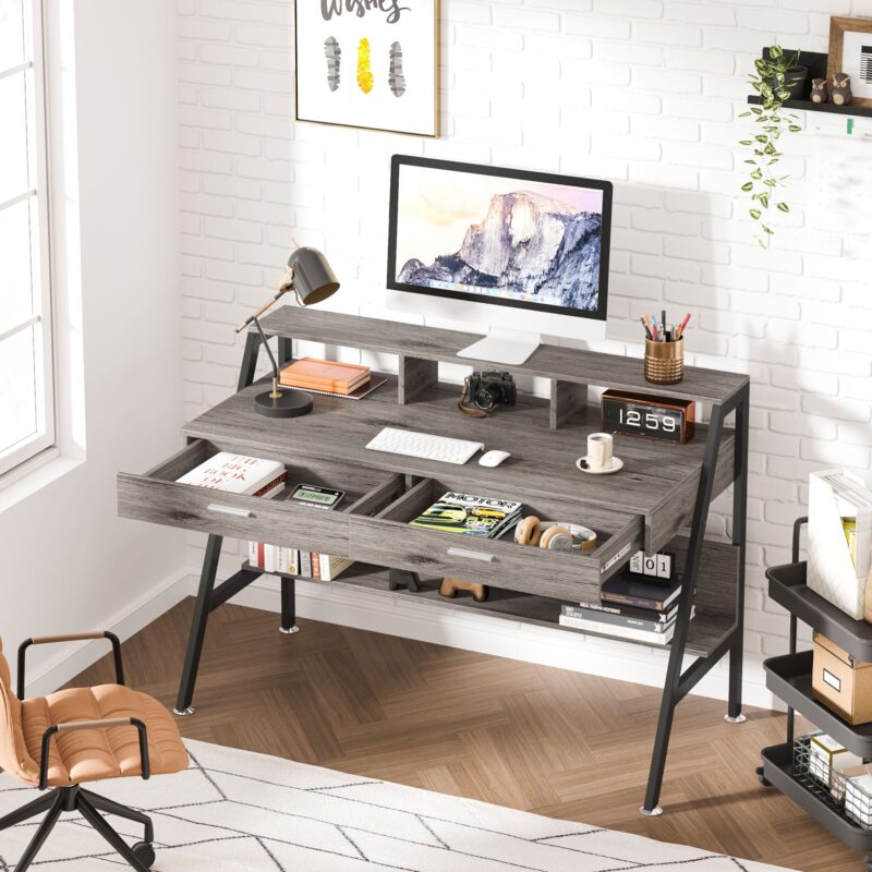 Computer Desk, 47" Writing Desk with Storage Shelf & Drawers - Image 8