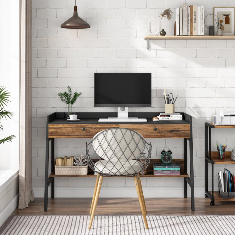 Computer Desk, Industrial Writing Desk with 2 Large Drawers - Image 3