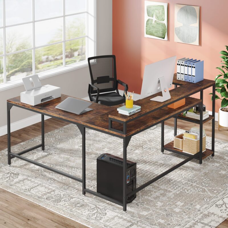 L-Shaped Desk, Corner Computer Desk with Monitor Stand & Shelves - Image 4