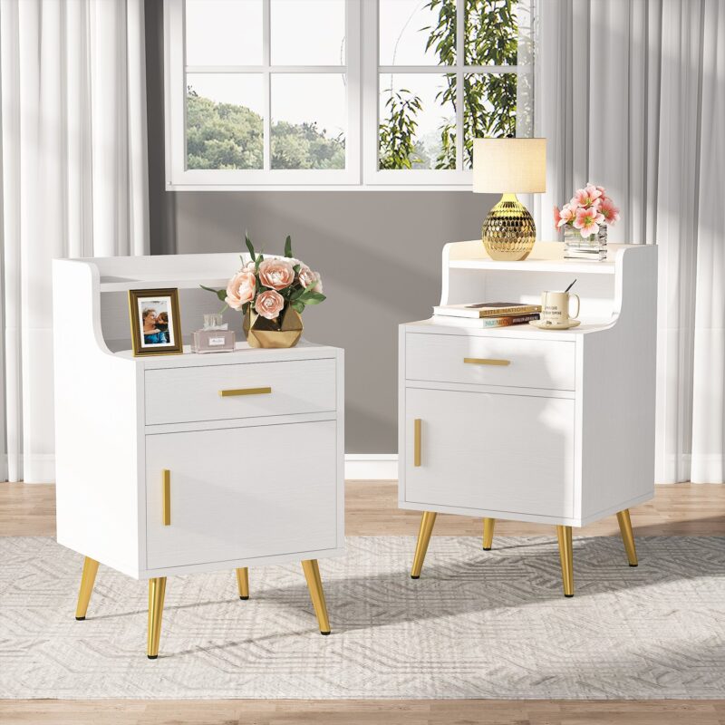 Nightstand, 32" Tall Bedside Table with Drawer & Doors - Image 9