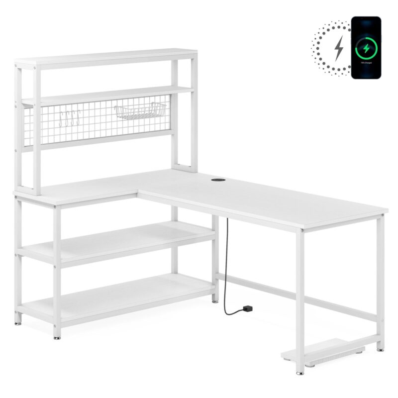 55" Reversible L-Shaped Desk with Wireless Charging & Shelves - Image 8