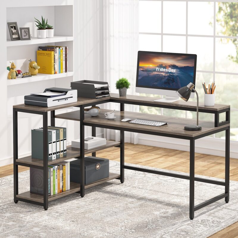 Reversible L Shaped Computer Corner Desk with Shelves - Image 12