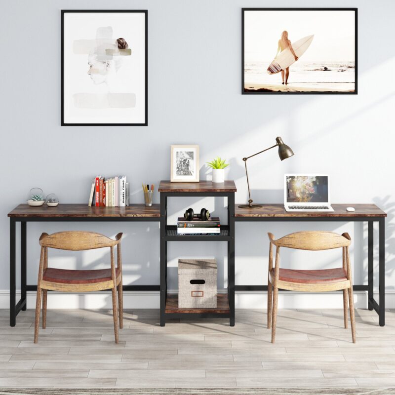 Two Person Desk, 96.9" Double Computer Desk with Storage Shelves - Image 4