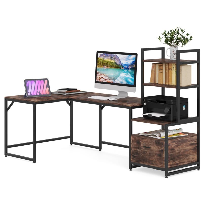 L-Shaped Desk, Computer Desk with 3 Tier Storage Shelves and File Drawer