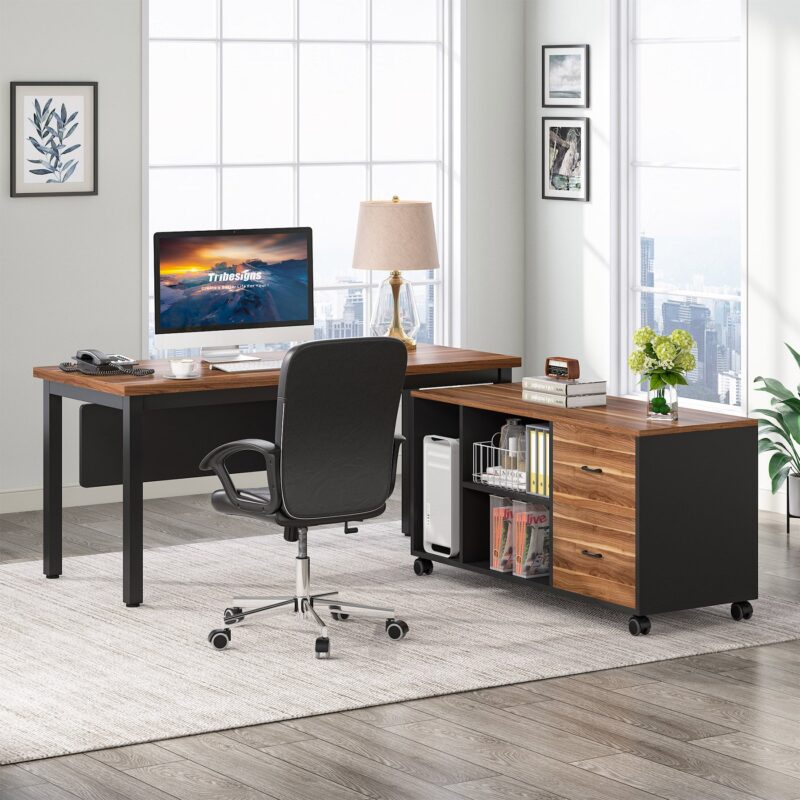 L-Shaped Desk,  Executive Computer Desk with Storage Cabinet - Image 4