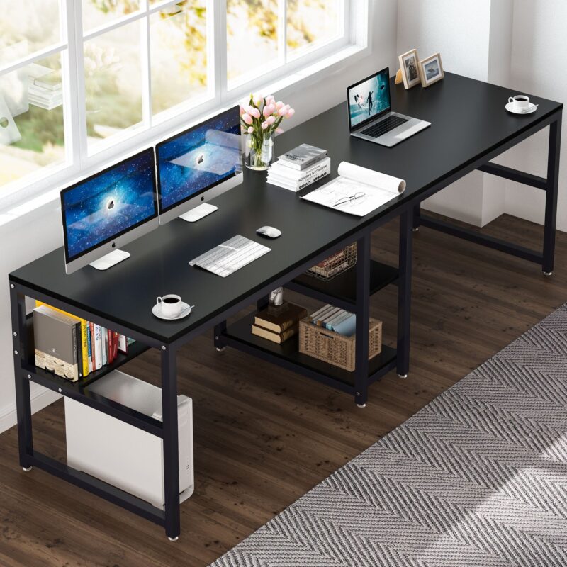 Two Person Desk, Computer Desk Double Workstation with Shelves - Image 4