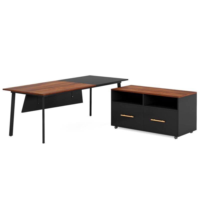 L-Shaped Desk, 70" Executive Desk with 43" File Cabinet - Image 2