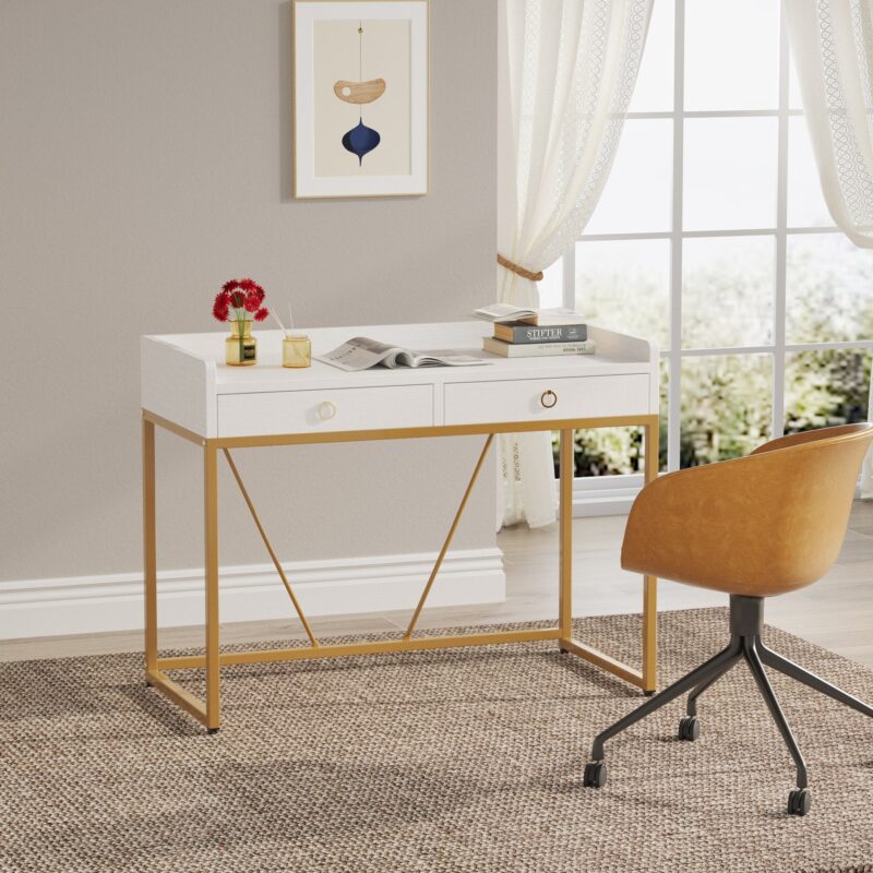 Computer Desk, 43 inch Modern Study Desk Writing Table with 2 Drawers - Image 4