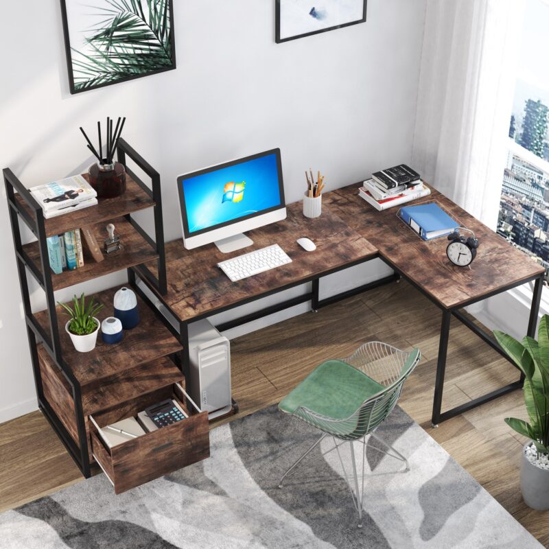 L-Shaped Desk, Computer Desk with 3 Tier Storage Shelves and File Drawer - Image 2